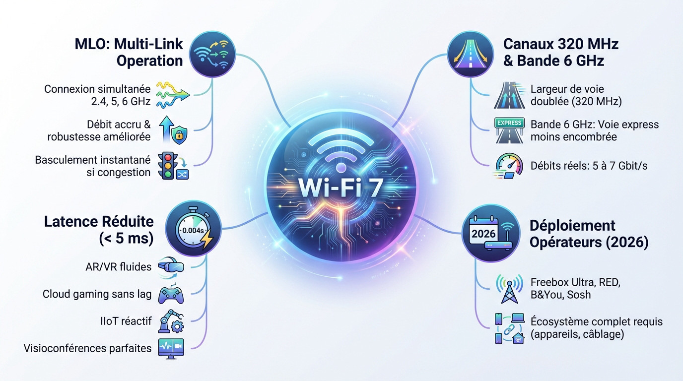 Schéma explicatif des avantages du Wi-Fi 7 : canaux 320 MHz et bande 6 GHz