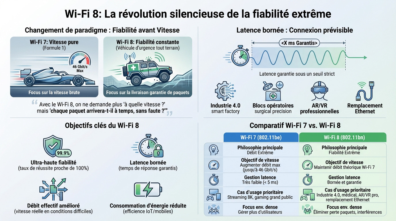 Illustration futuriste représentant la fiabilité extrême du Wi-Fi 8 en 2026