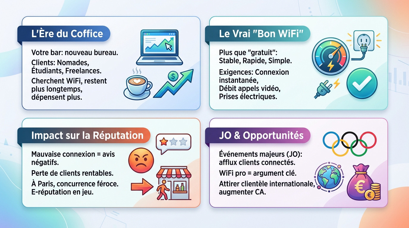 Clients travaillant sur ordinateur dans un bar parisien avec une connexion wifi performante