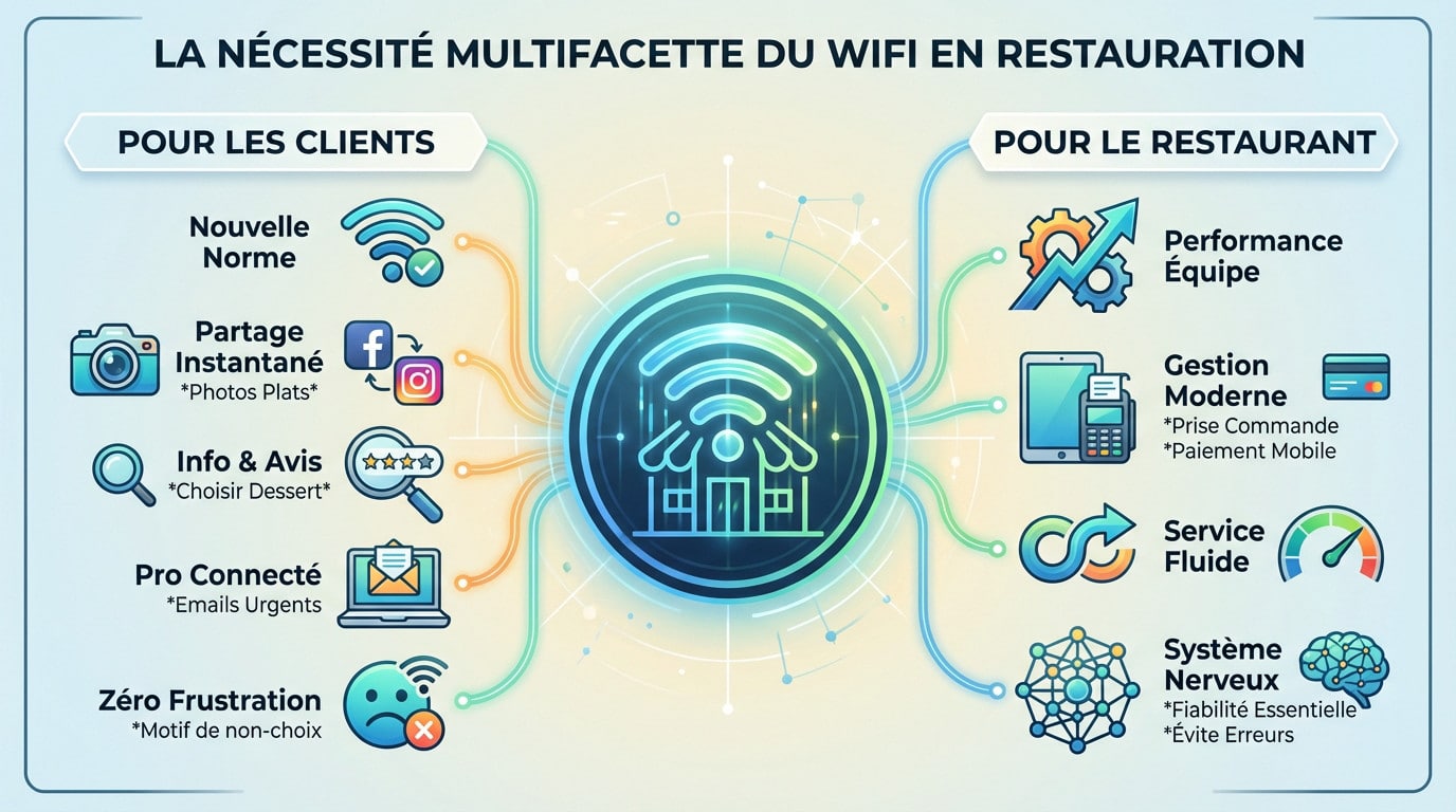 Clients heureux utilisant le wifi en restaurant et serveur prenant une commande sur tablette