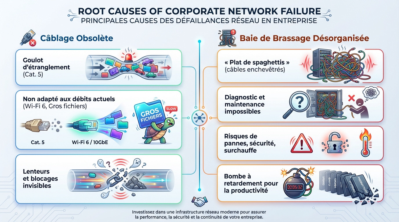 Baie de brassage désorganisée et câblage obsolète causant des pannes réseau en entreprise
