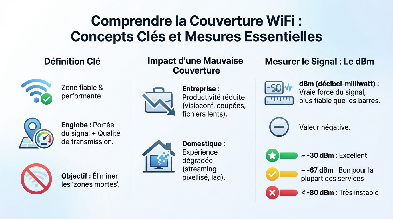 Schéma explicatif de la couverture WiFi montrant les zones de signal fiable et les mesures en dBm