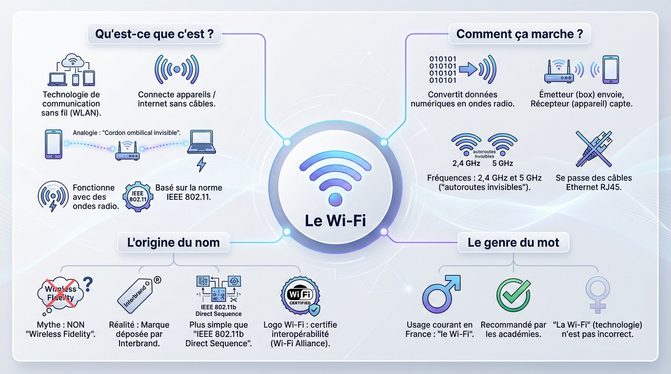 Schéma explicatif du fonctionnement du Wi-Fi illustrant la connexion sans fil entre un routeur et des appareils numériques