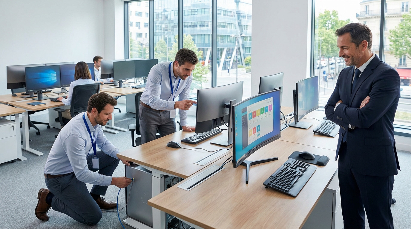Efficient IT Setup for Modern Office IT professionals configure workstations in a modern, open-plan office, overseen by a manager, symbolizing efficient tech integration.