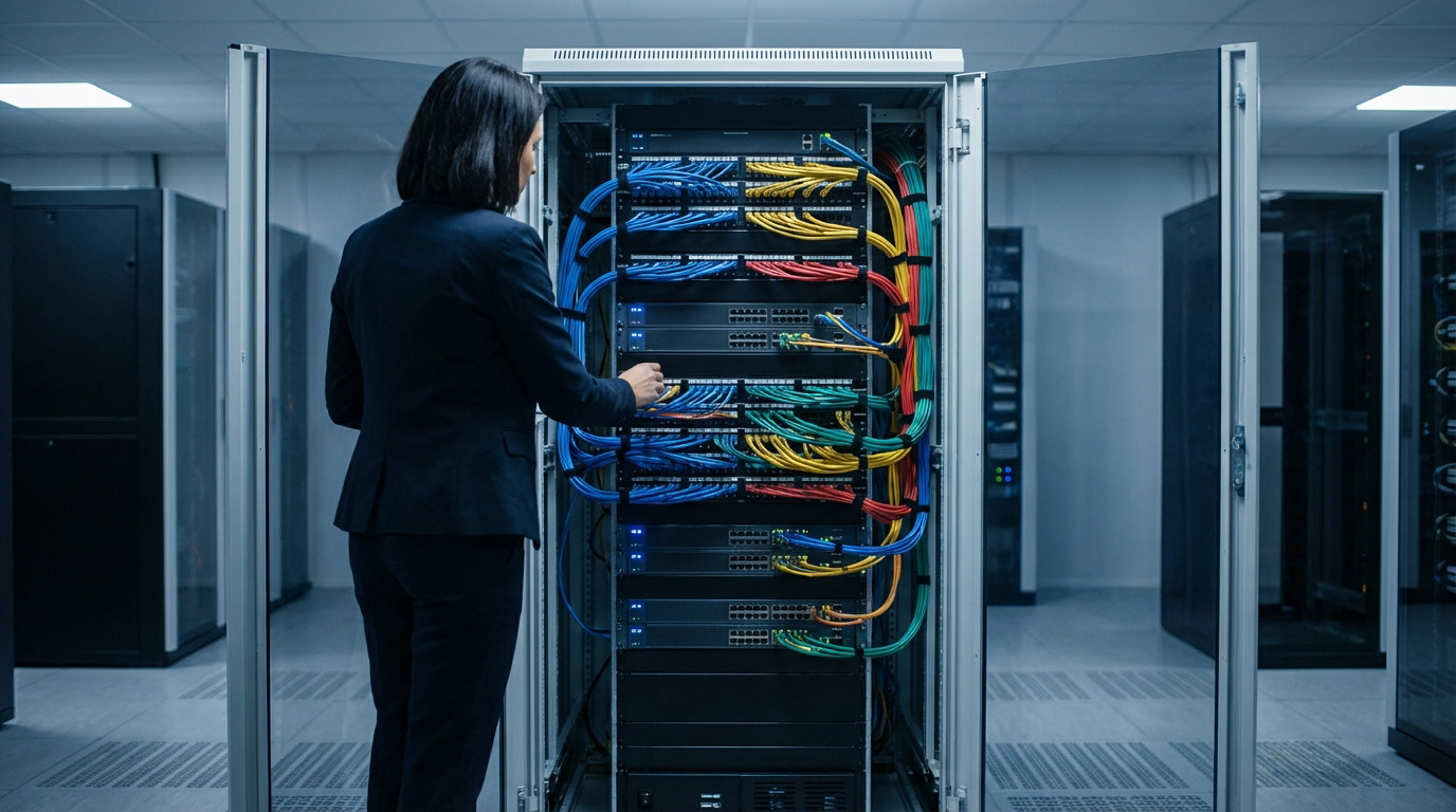 Gestion professionnelle d’une baie de brassage Une personne en costume ajuste des câbles colorés dans une baie de brassage ouverte, avec LED lumineuses, en datacenter moderne.