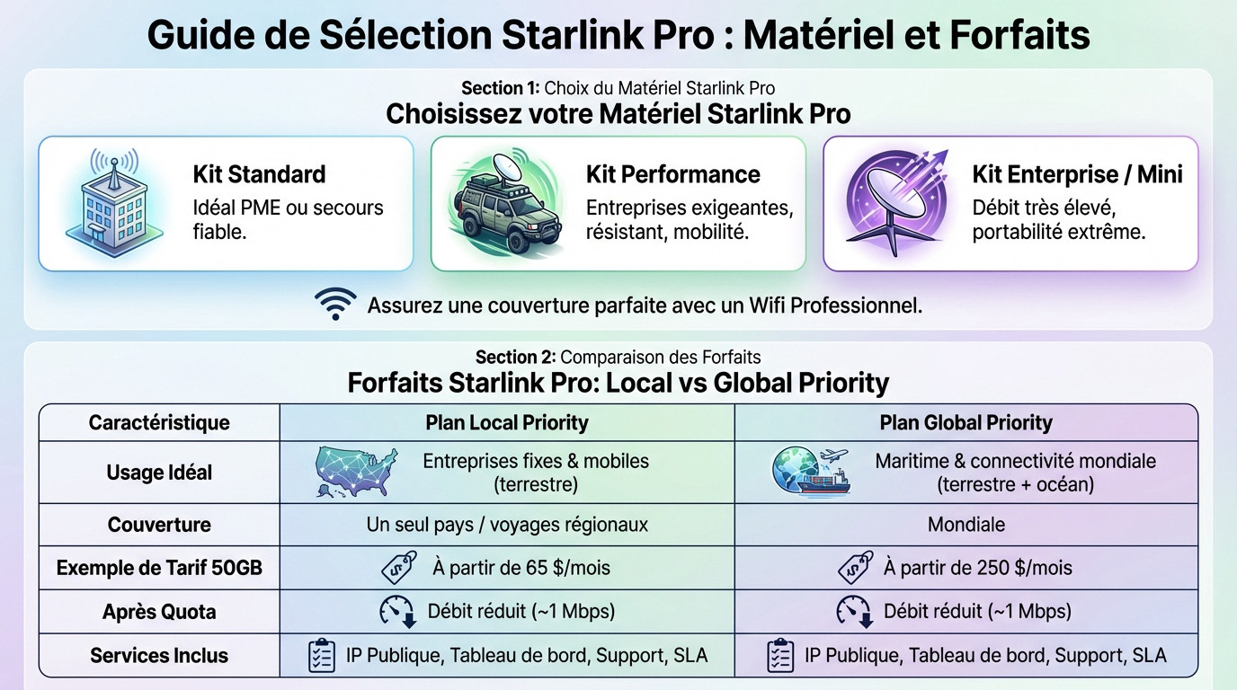 Guide de sélection des forfaits et matériels Starlink Professionnel