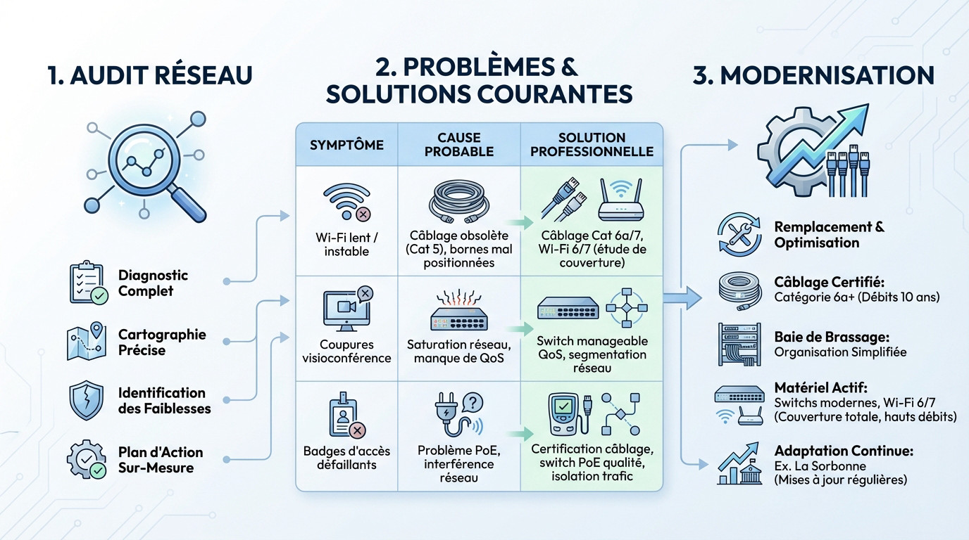 Infographie comparative des problèmes réseaux et solutions de modernisation
