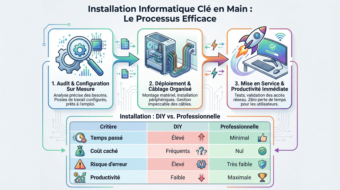 Technicien réalisant une installation informatique clé en main pour une entreprise à Paris