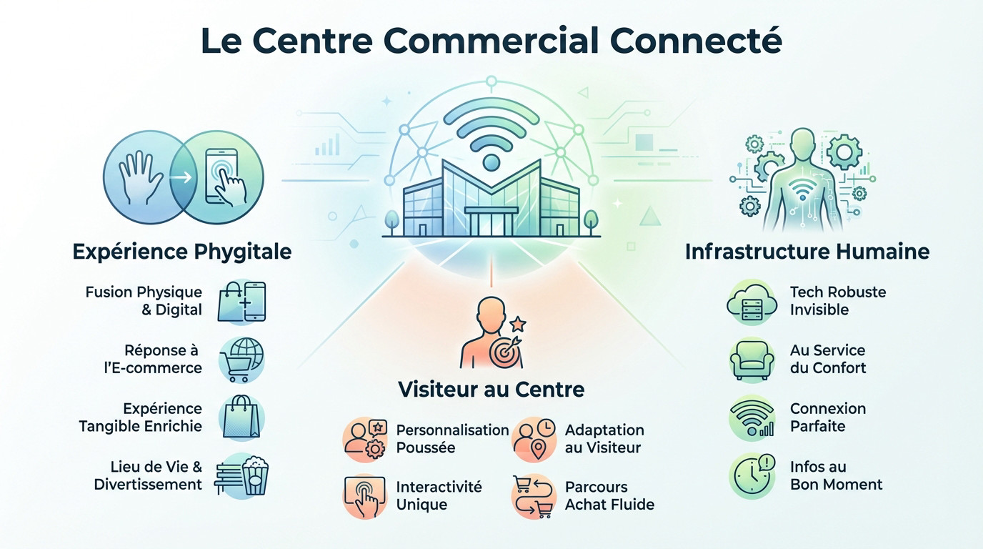 Centre commercial connecté illustrant l'expérience phygitale et les écrans interactifs