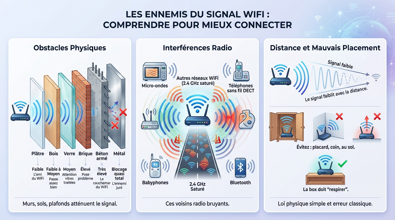 Schéma illustrant les obstacles et interférences bloquant le signal WiFi dans une maison