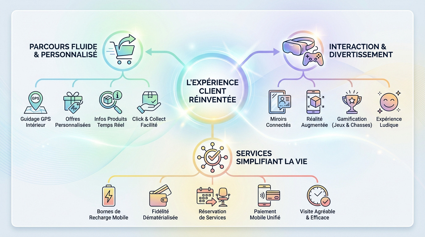 Femme utilisant une application mobile dans un centre commercial connecté pour une expérience d'achat personnalisée