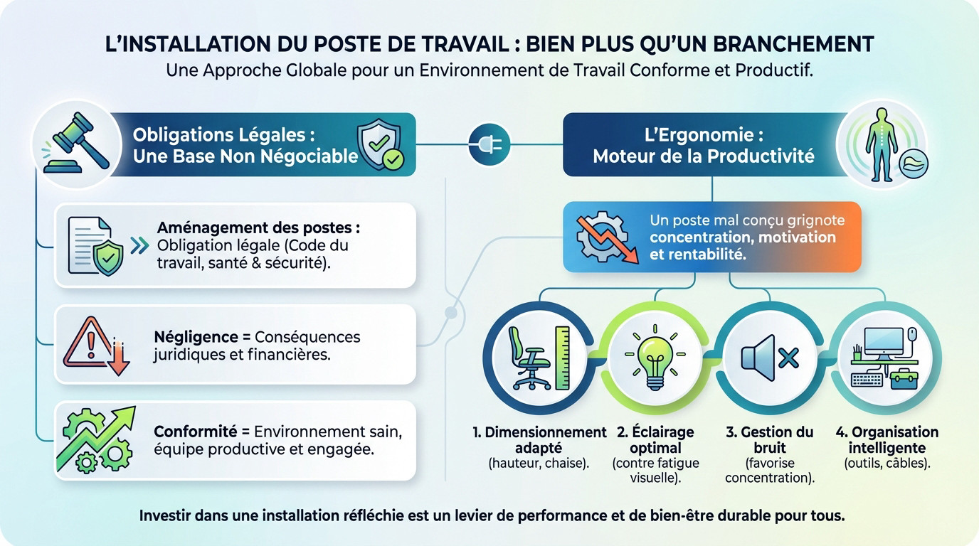 Installation professionnelle de postes de travail ergonomiques et connectés pour entreprise