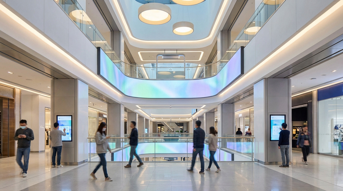 Modern Mall: Connected Retail Experience Modern, well-lit shopping mall interior. Anonymous people navigate past vibrant digital displays and interactive screens.