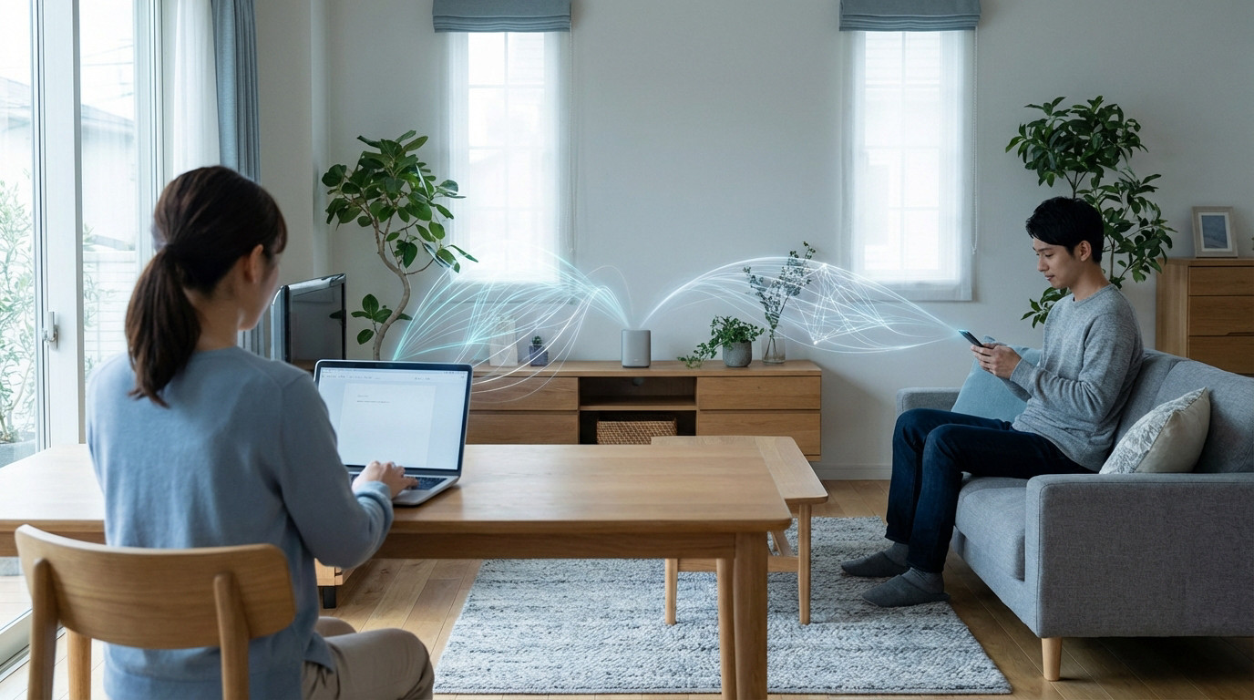 Seamless Connectivity: Modern Life, Wireless World A woman on a laptop and a man on a smartphone in a modern living room, connected by blue glowing wireless signals from a central router.
