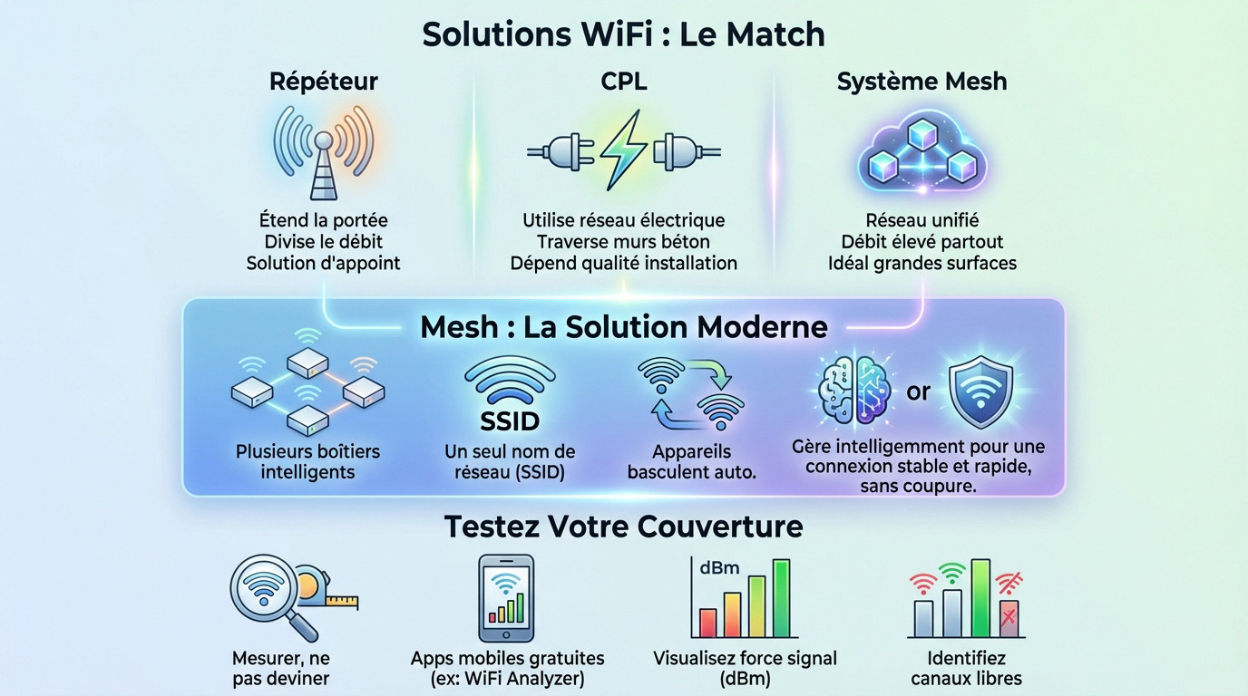Schéma comparatif des solutions de couverture WiFi : répéteur, CPL et Mesh