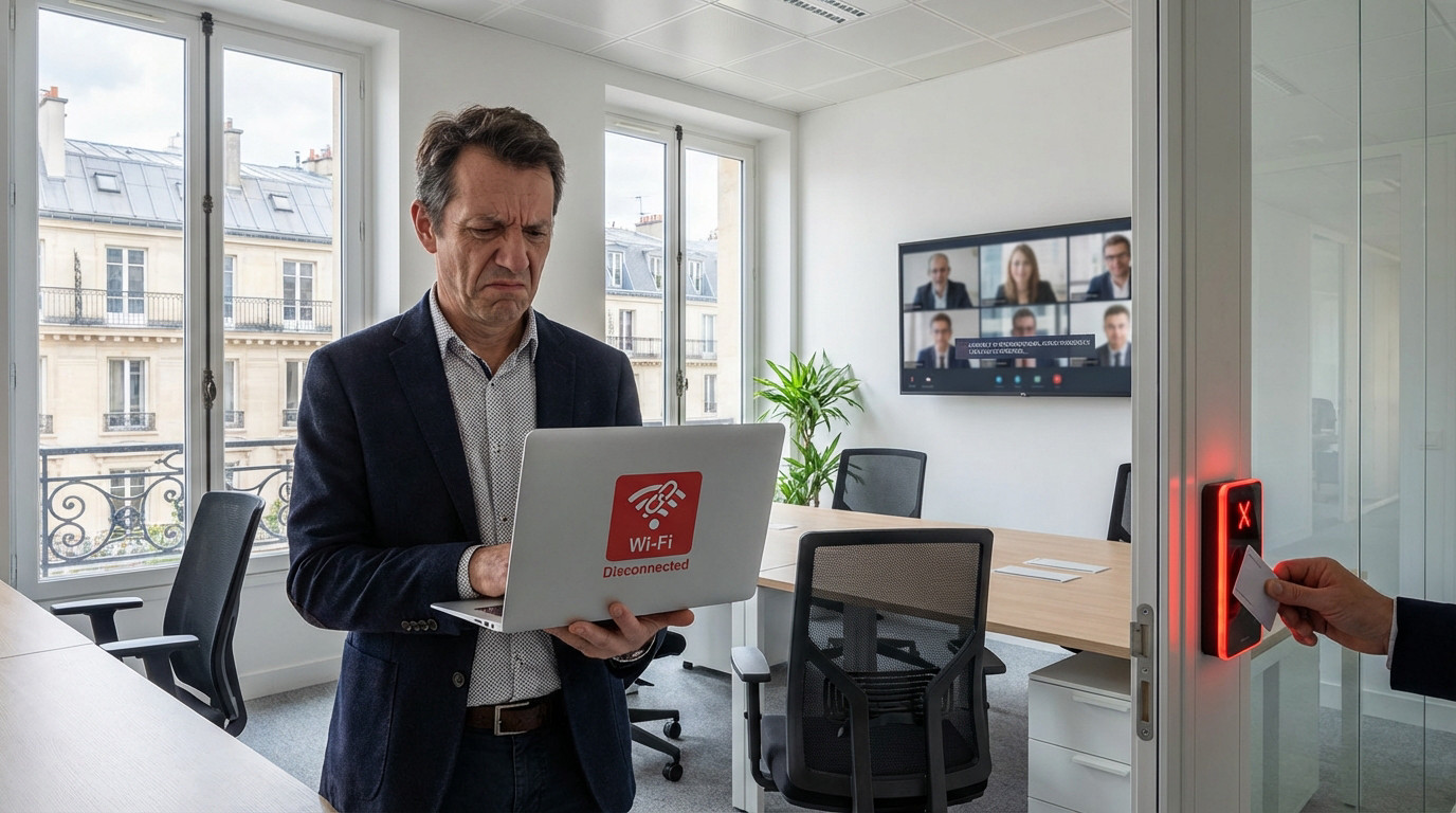 Tech Troubles in a Parisian Office Frustrated man in modern Paris office with 'Wi-Fi Disconnected' laptop, frozen video call, and error on badge reader.