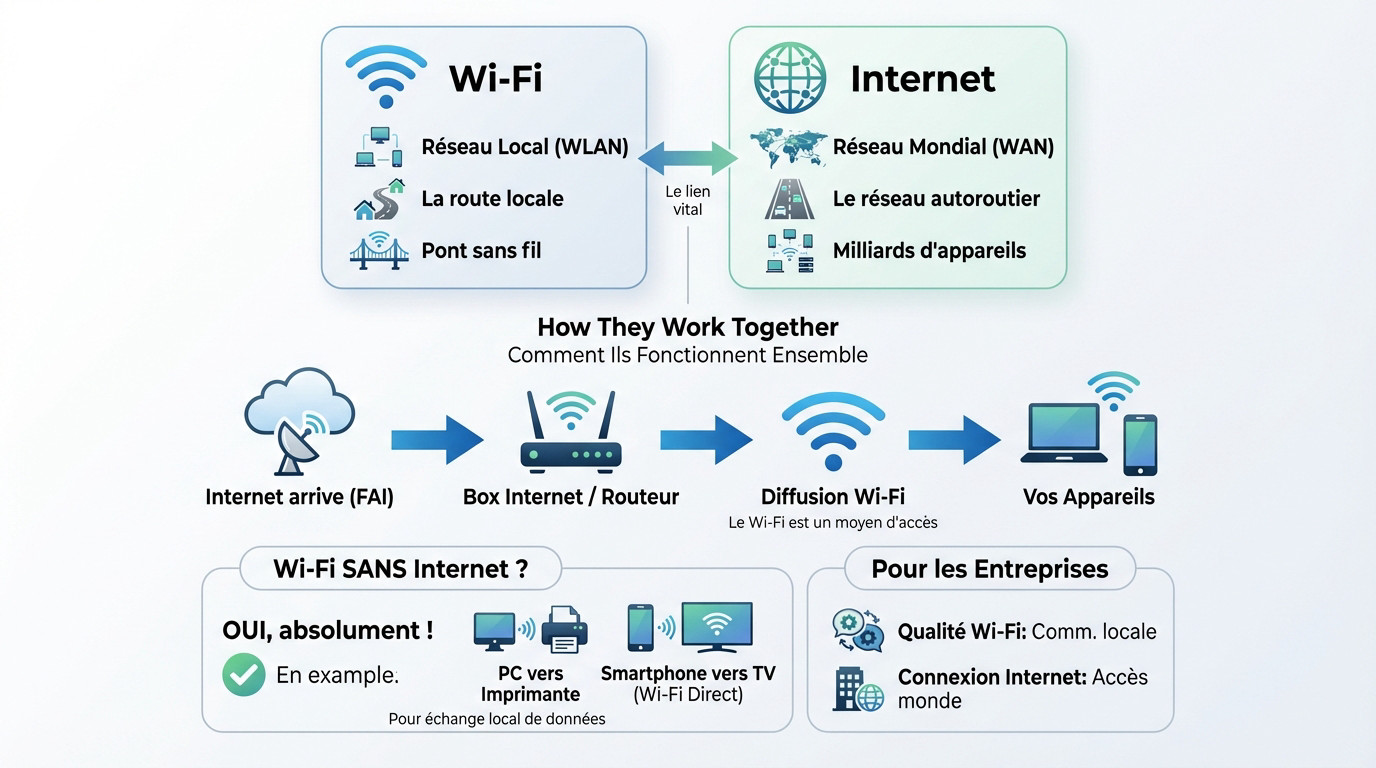 Schéma technique comparant le réseau local Wi-Fi au réseau mondial Internet
