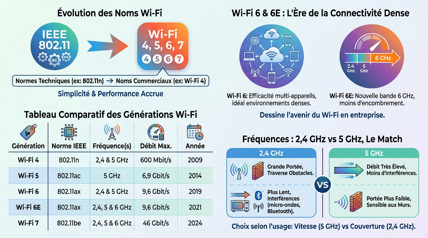 Schéma explicatif de l'évolution des normes Wi-Fi, des fréquences et des débits associés