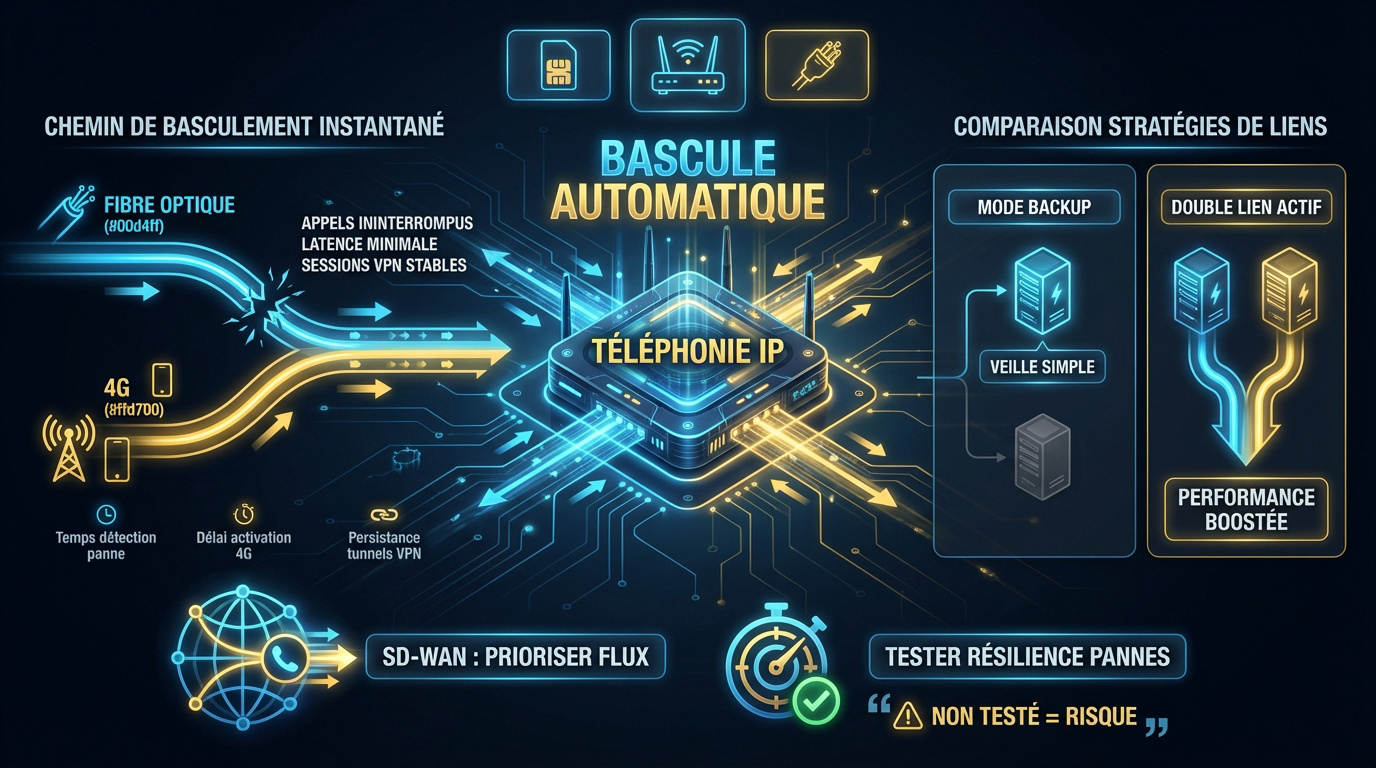 Schéma de bascule automatique entre fibre optique et réseau 4G pour entreprise