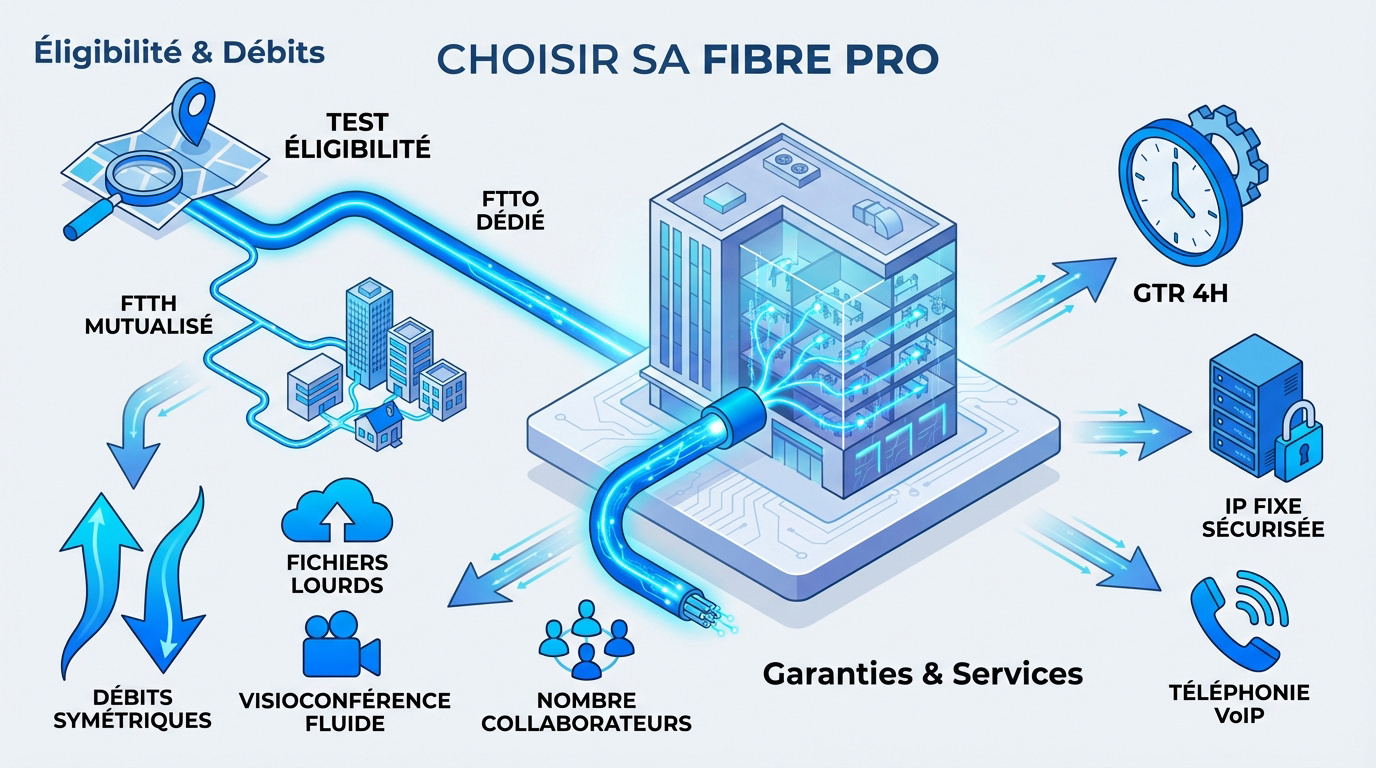 Technicien installant la fibre optique professionnelle dans un local technique