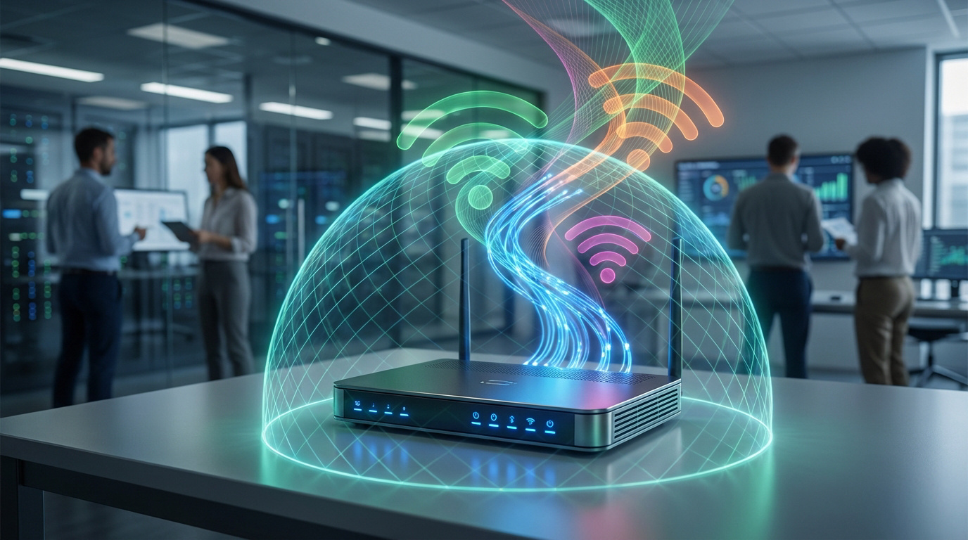 Sécurisez votre fibre pro avec le backup 4G/5G Routeur protégé par un dôme lumineux, émettant des ondes 4G/5G et Wi-Fi colorées, dans un bureau avec professionnels.