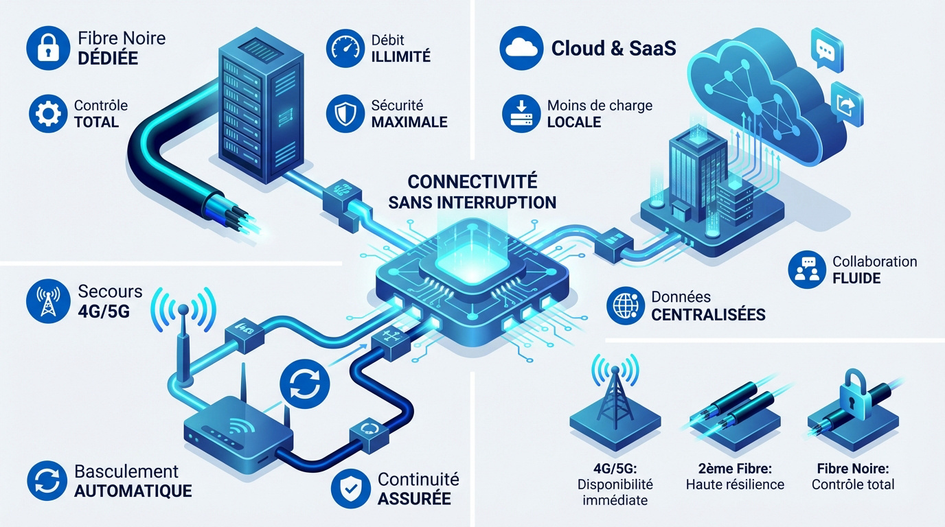 Infrastructure de fibre optique noire et secours 4G 5G pour une connectivité entreprise sans interruption