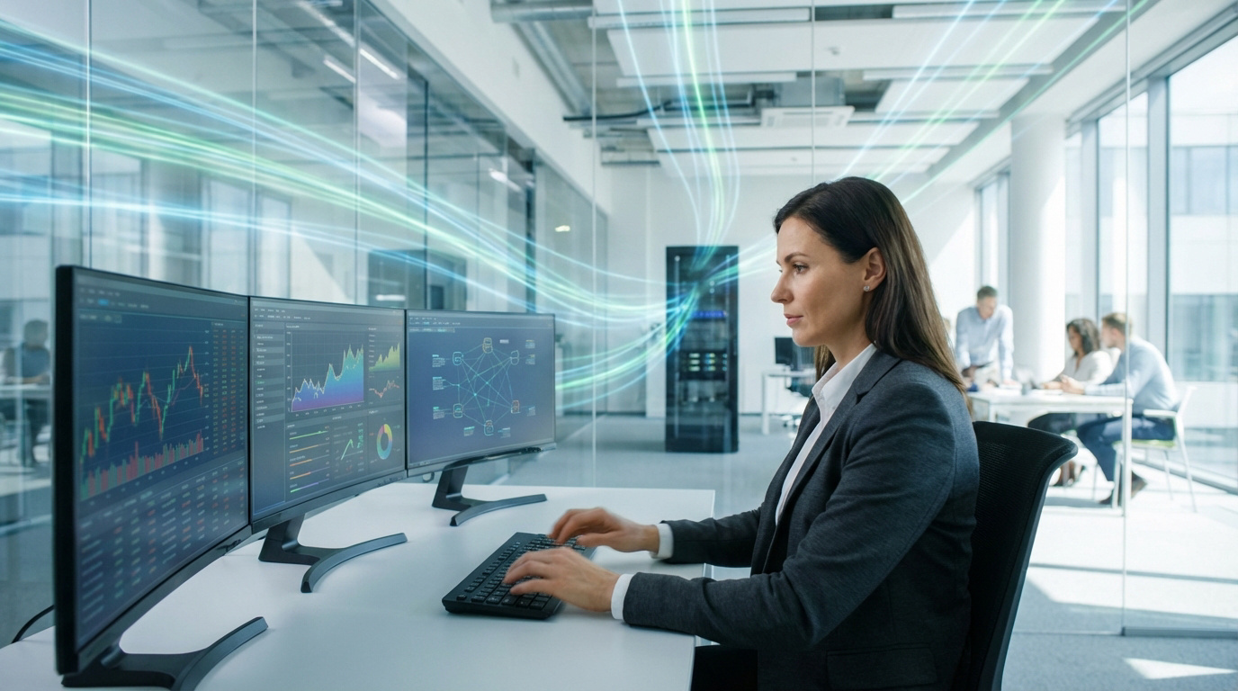 L’Internet professionnel en action Femme analysant des données sur trois écrans dans un bureau moderne. Des traînées lumineuses évoquent un flux de données haute vitesse.