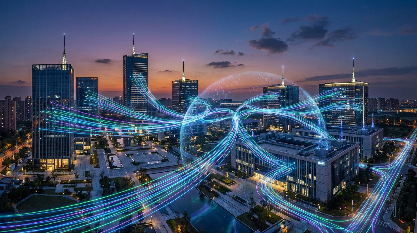 Fibre Pro Multi-sites: La Connectivité Urbaine Avancée Ville moderne au crépuscule. Flux lumineux connectant gratte-ciel, symbolisant un réseau fibre optique multi-sites et dômes de données.