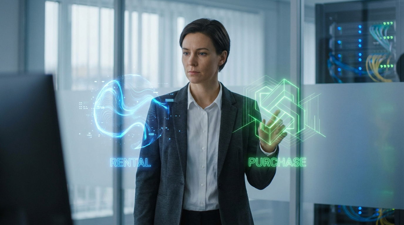 Dilemme Location ou Achat pour équipement pro Une femme évalue des options holographiques 'RENTAL' et 'PURCHASE' dans un bureau moderne, symbolisant le choix entre louer ou acheter du matériel professionnel.