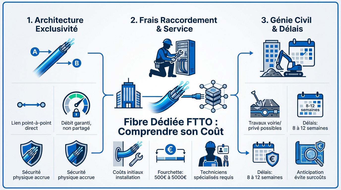 Schéma technique d'un raccordement fibre optique dédiée FTTO pour entreprise