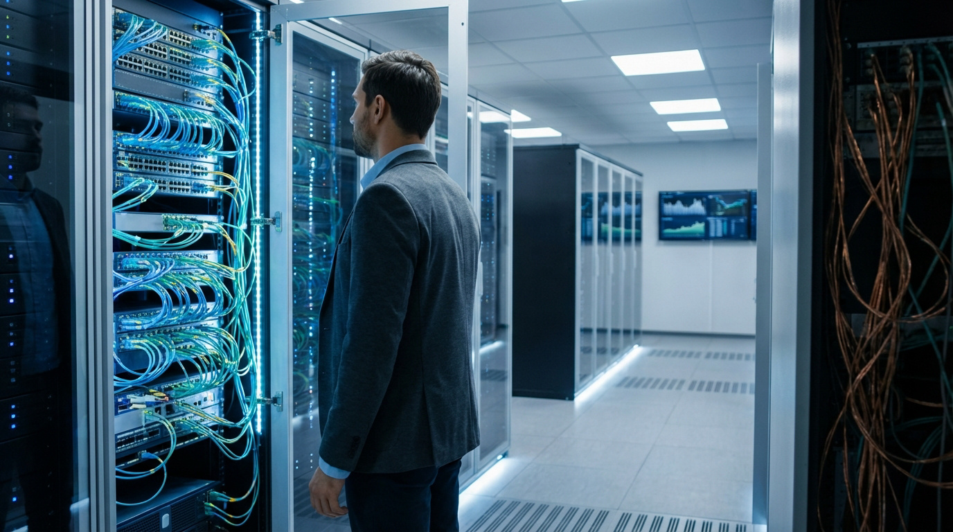 Expert IT supervisant l’infrastructure réseau Homme en costume inspectant des serveurs câblés dans un centre de données moderne, symbolisant la gestion réseau et la fibre.