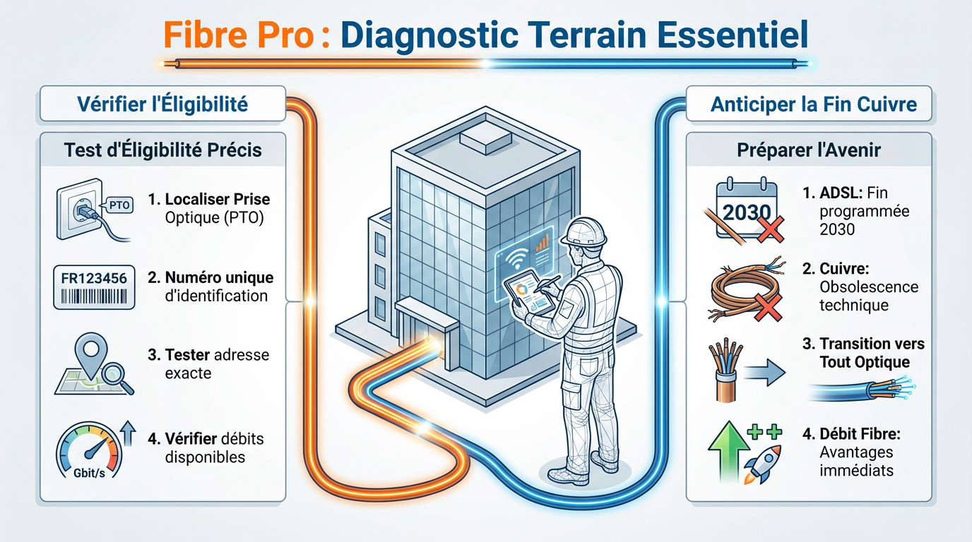 Expert technique réalisant un diagnostic de terrain pour l'installation de la fibre optique en entreprise