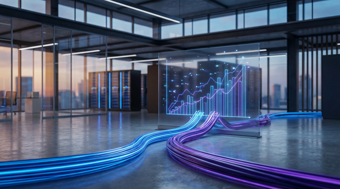 Analyse des coûts FTTH vs FTTO en fibre pro 2026 Vue high-tech d'un bureau avec baies de serveurs, câbles lumineux de fibre optique (bleu/violet) et écran de graphiques de données.