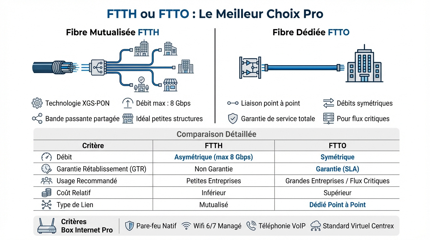 Comparaison des technologies fibre FTTH et FTTO pour les locaux professionnels