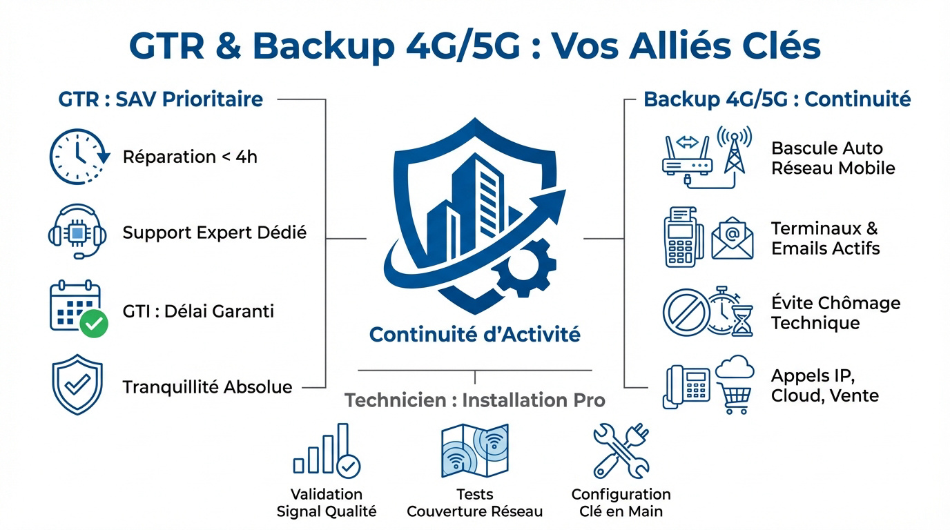 Solution de secours internet professionnel avec backup 4G et GTR pour garantir la continuité d'activité