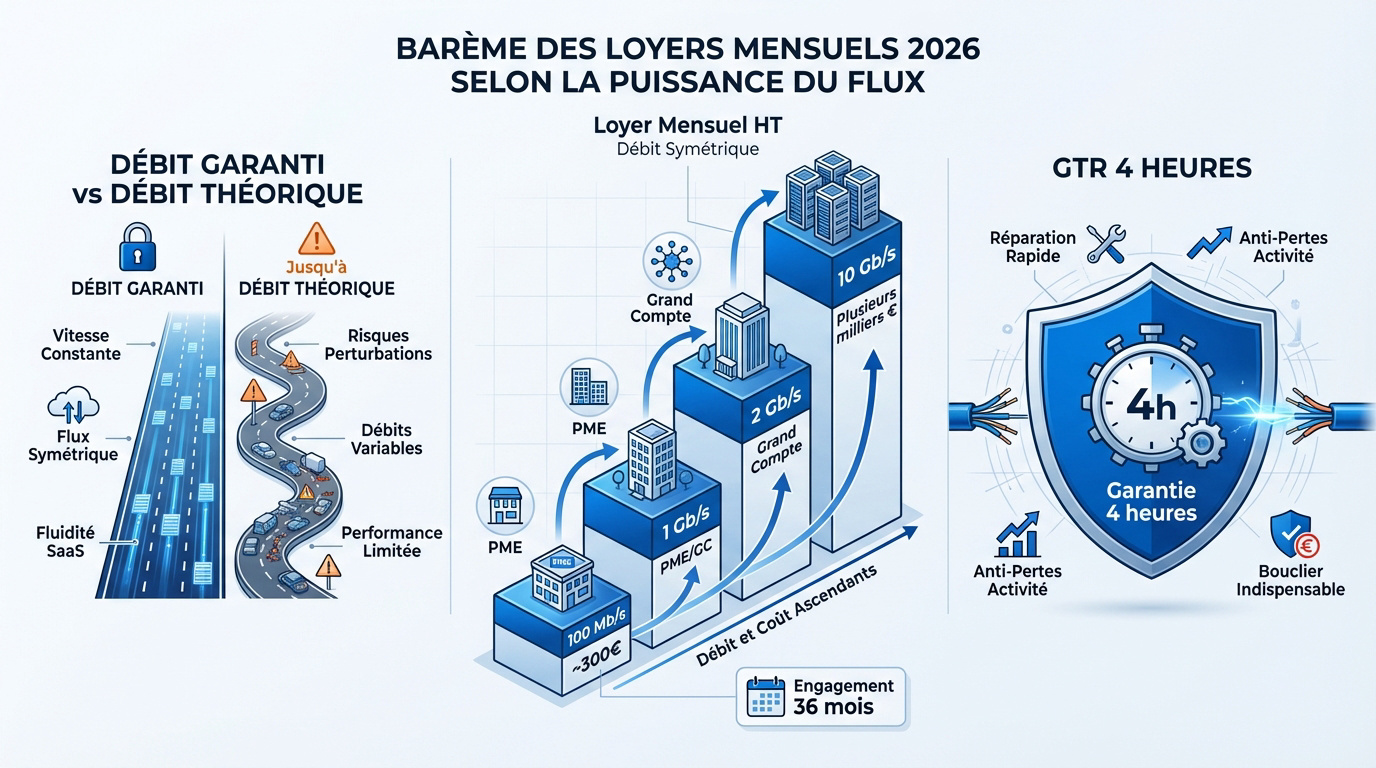 Infographie des tarifs fibre FTTO entreprise 2026 par débit et garanties
