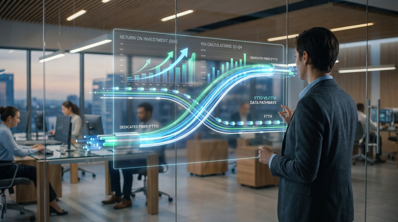 Analyse du ROI de la fibre optique professionnelle Un homme analyse des graphiques de ROI et des flux de données FTTO/FTTH sur un écran holographique en verre dans un bureau.