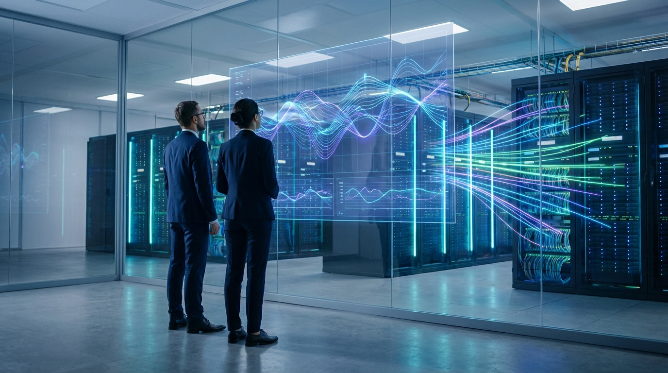 Fibre FTTO : Visualisation des performances réseau Deux experts examinent des graphiques de données en temps réel sur un écran transparent dans un datacenter avec des flux lumineux vers des serveurs.