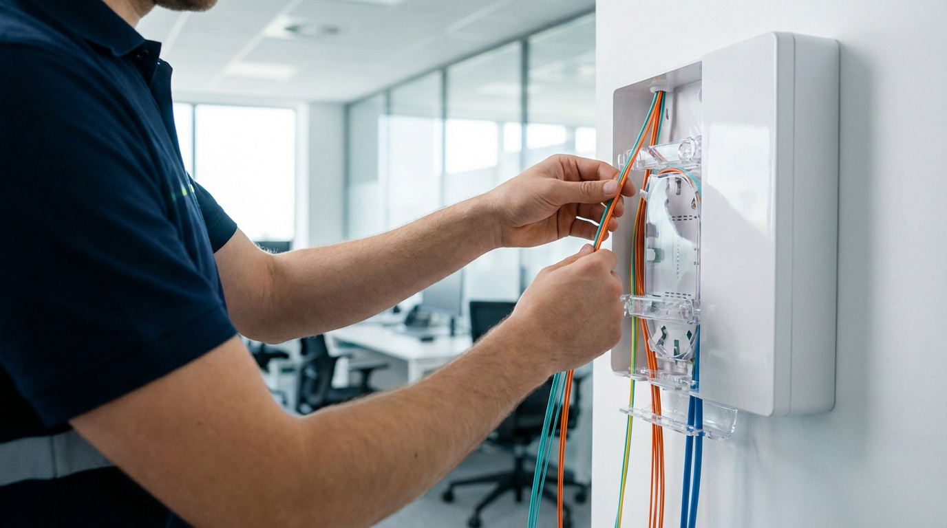 Installation de la fibre optique professionnelle dans un bureau Mains d'un technicien installant des câbles de fibre optique colorés dans un boîtier mural blanc en environnement de bureau moderne.