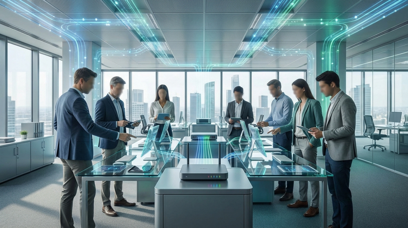 Opérateur fibre pro : L’avenir de la connectivité en entreprise Professionnels en bureau moderne avec routeurs fibre et lignes lumineuses symbolisant la connectivité réseau rapide.