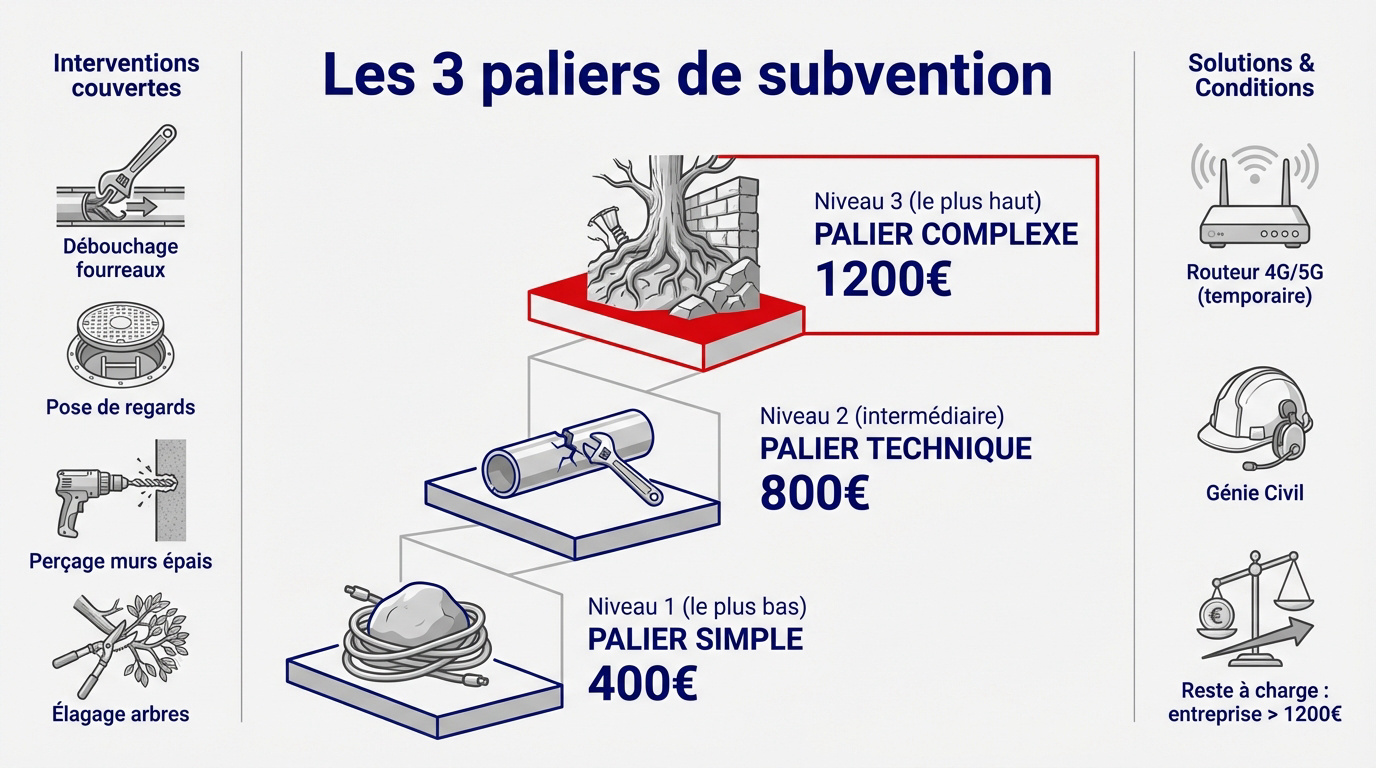 Tableau récapitulatif des montants de subvention pour le raccordement fibre des TPE