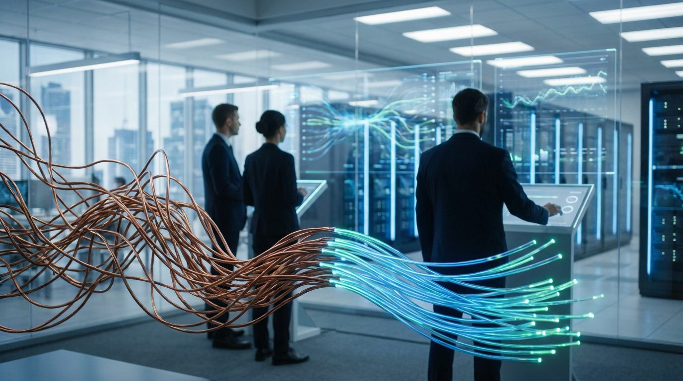 Préparer la migration ADSL vers la fibre optique Migration ADSL vers fibre optique : des câbles de cuivre se transforment en fibres lumineuses dans un datacenter. Trois professionnels interagissent avec des données.