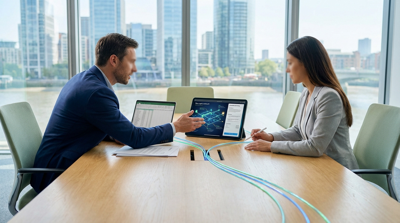 Négociation Contrat Fibre Pro en Réunion d’Affaires Deux professionnels en réunion, discutant un contrat fibre optique devant un paysage urbain. Des câbles lumineux relient leurs écrans.