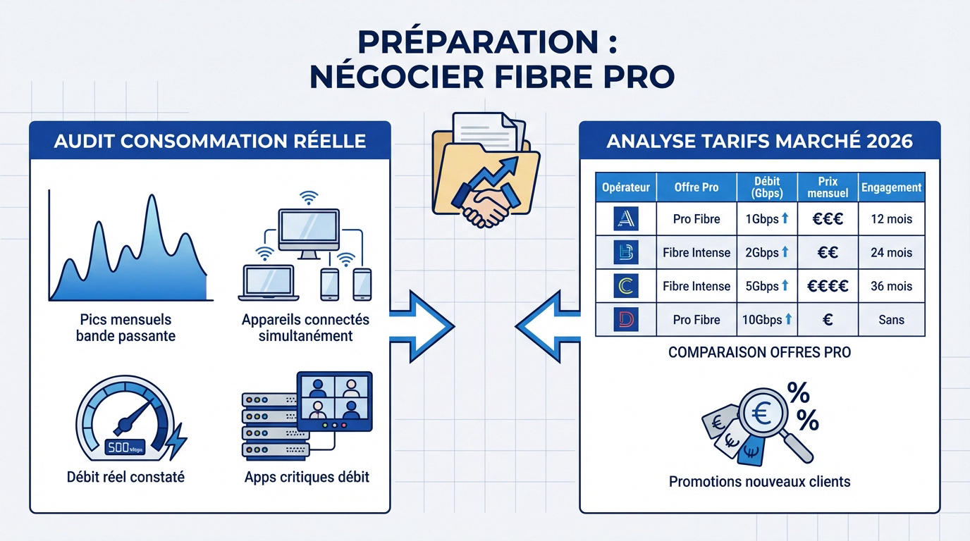 Préparation rigoureuse d'un dossier pour négocier un contrat fibre optique professionnel