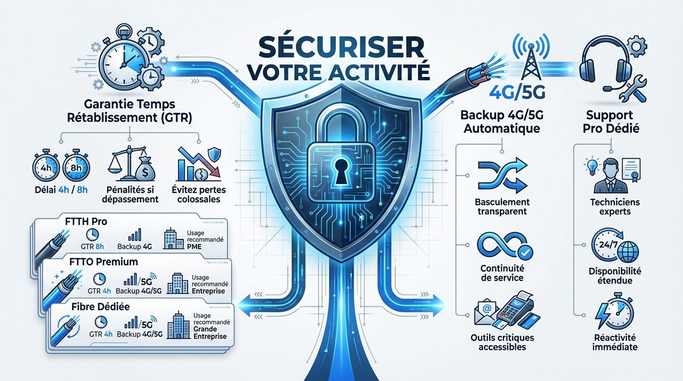 Garanties de service fibre optique professionnelle GTR et backup 4G