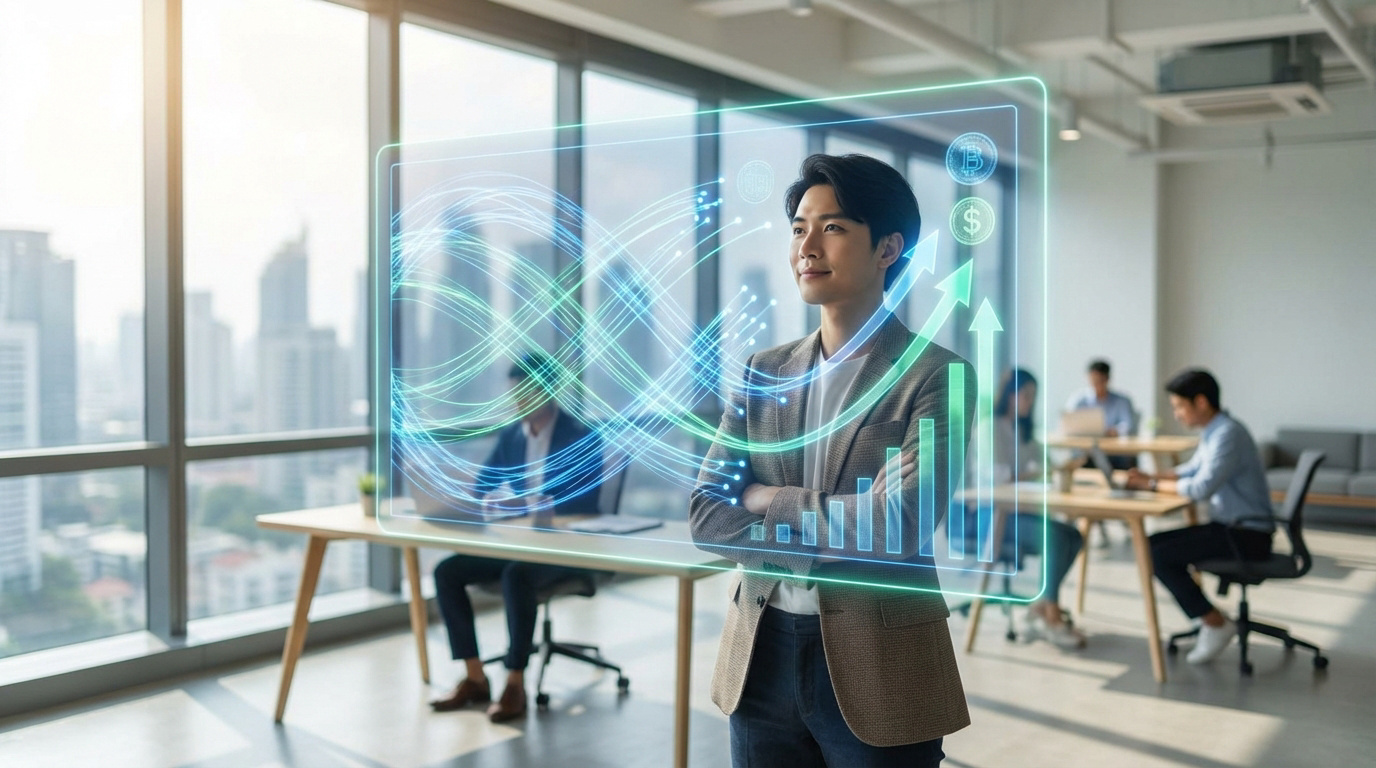 Croissance numérique et opportunités d’affaires en 2026 Un homme souriant devant un écran virtuel affichant données de croissance et symboles financiers dans un bureau moderne avec vue sur la ville.