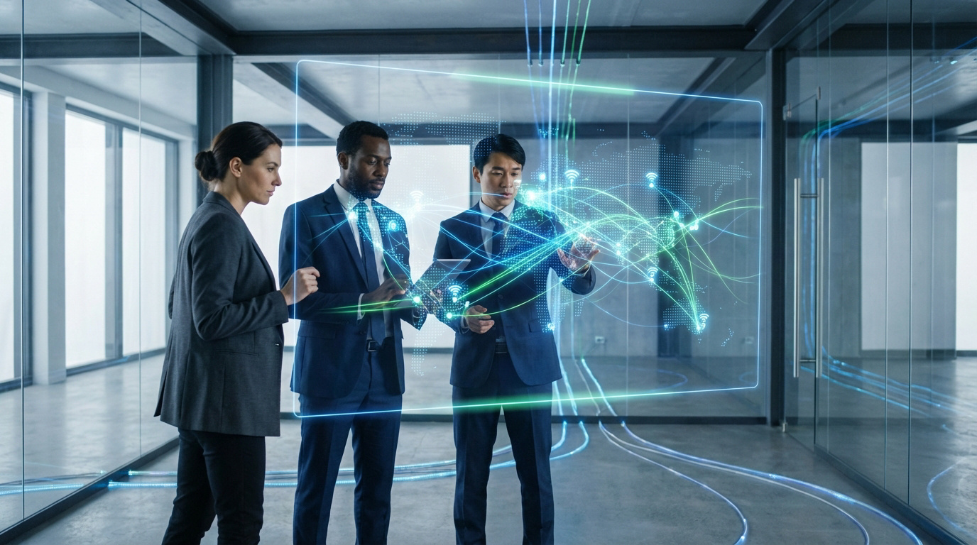 Comparatif fibre entreprise: analyse réseau global Trois professionnels devant un écran holographique affichant une carte du monde avec des connexions réseau lumineuses, symbolisant la fibre optique.