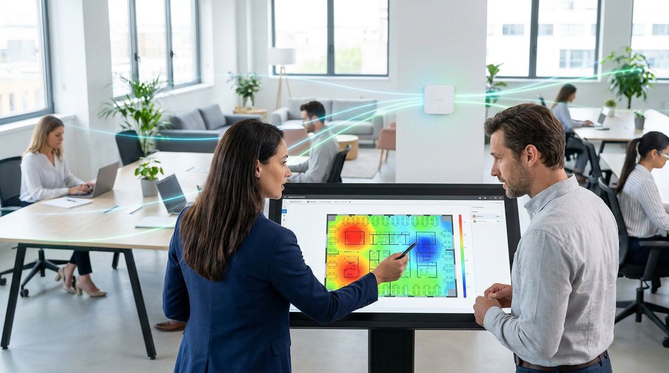 Étude de couverture WiFi en bureau moderne Deux professionnels analysent une carte thermique WiFi d'un bureau sur un écran tactile, symbolisant l'optimisation réseau.