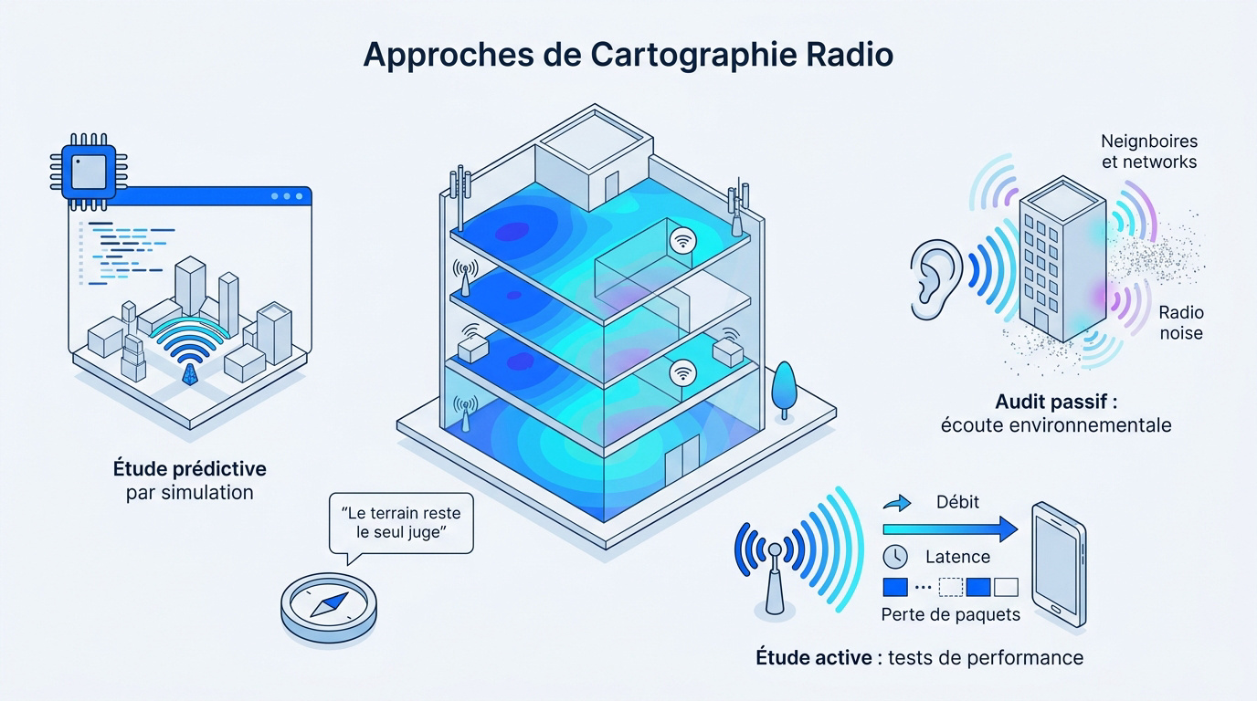 Représentation visuelle des trois méthodes d'étude de couverture Wifi : prédictive, passive et active