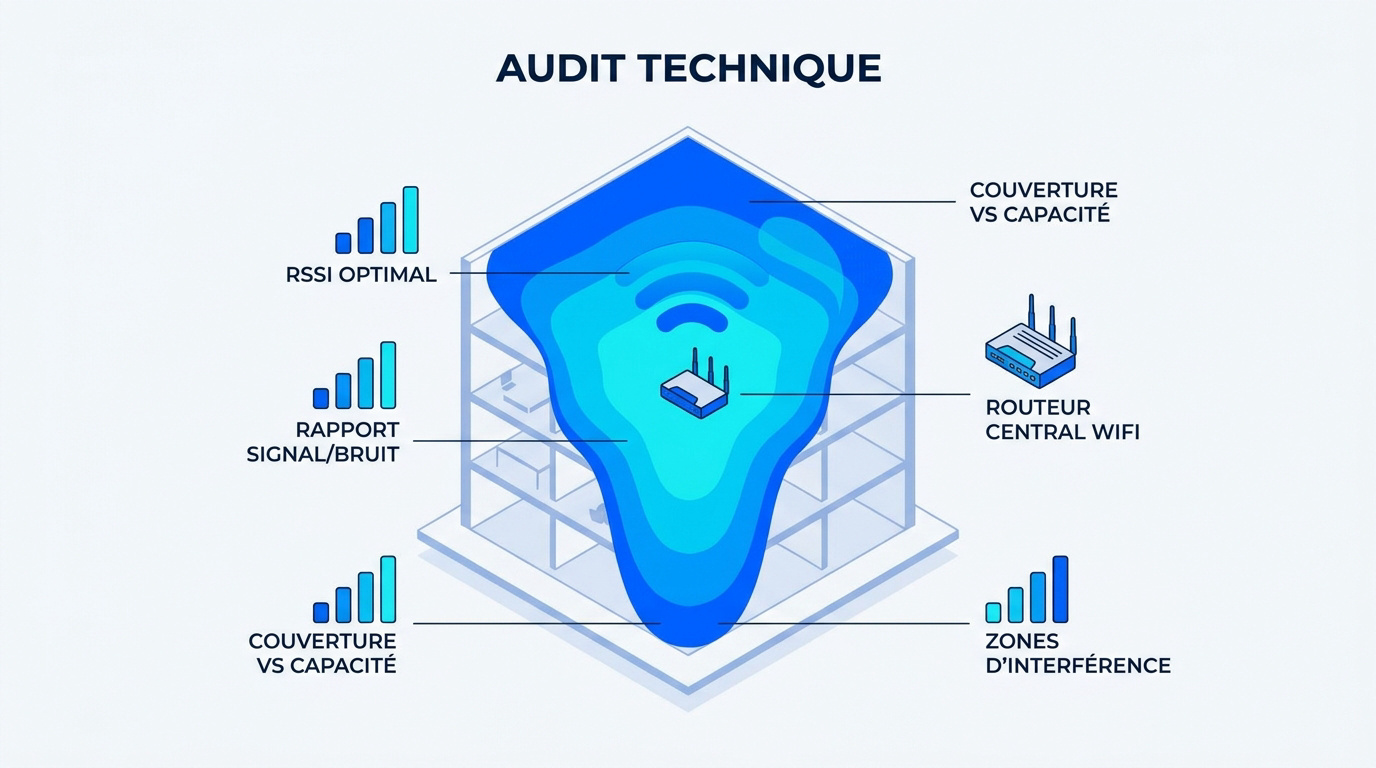 Technicien réalisant un audit technique de couverture WiFi en entreprise